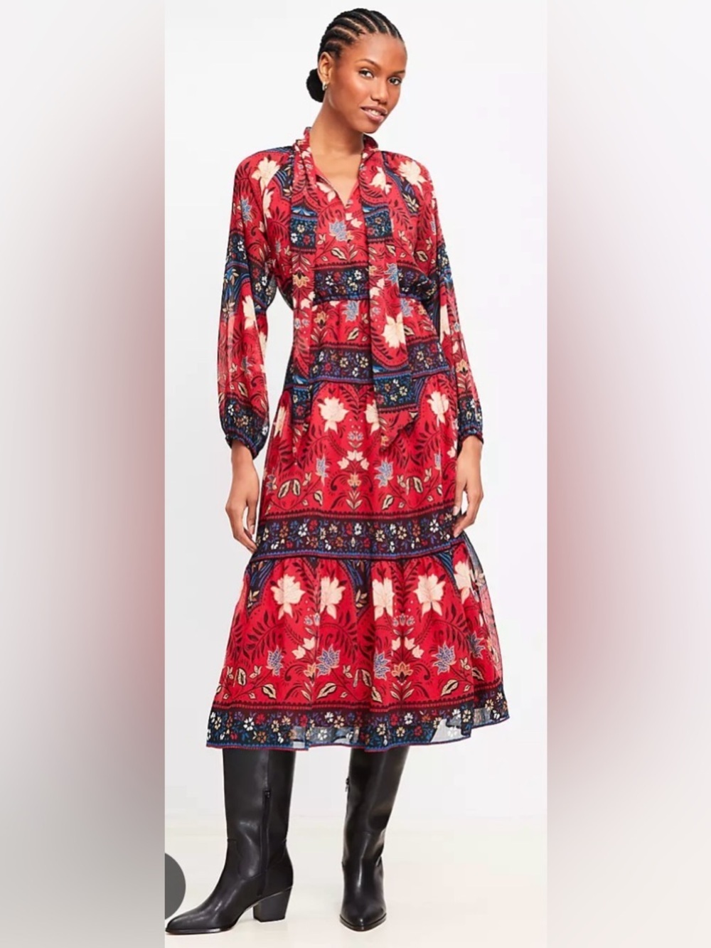 NWT Loft Floral Bow Tiered Midi Dress
